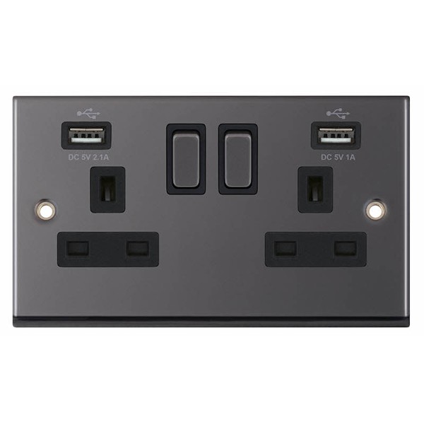 Black Nickel & Black Insert 2 Gang Switched Socket 13A With 2x USB Ports