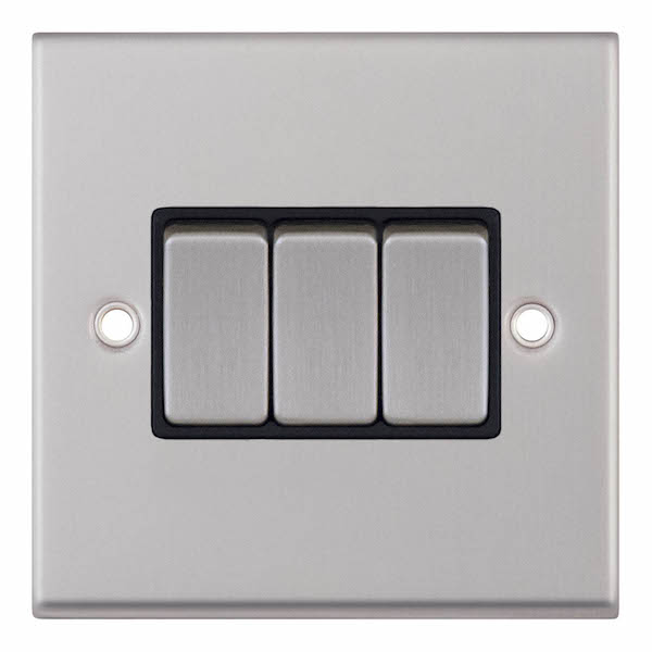 Satin Chrome Black Insert 3 Gang 2 Way Switch 