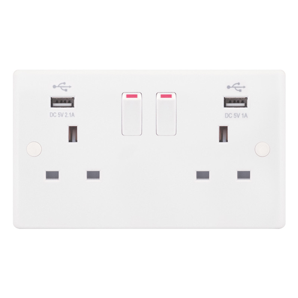 Smooth White 2 Gang 13A Switched Socket with USB Outlet